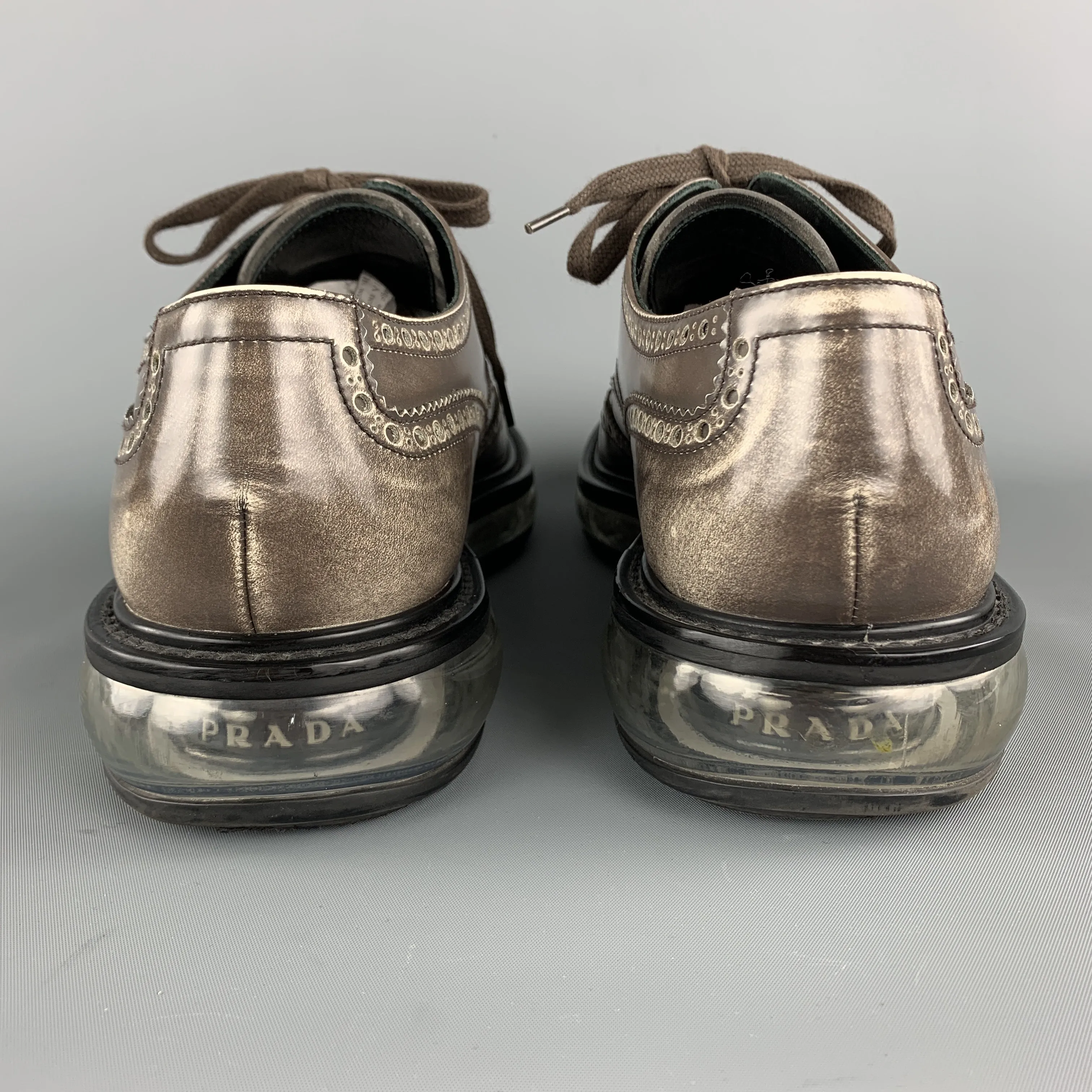 Prada Levitate Size 10.5 EE Taupe Antique Leather Wingtip Lace Up Shoes