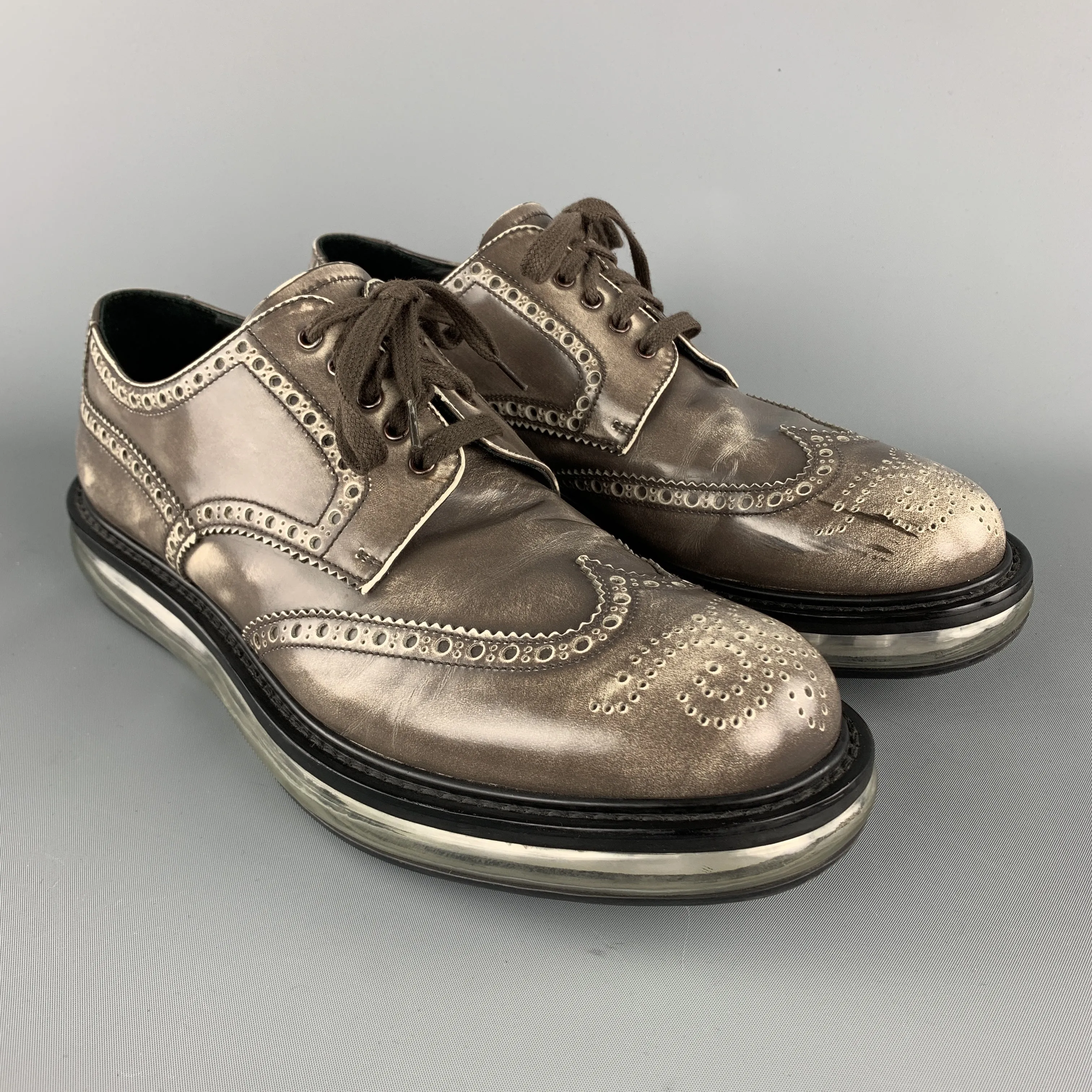 Prada Levitate Size 10.5 EE Taupe Antique Leather Wingtip Lace Up Shoes