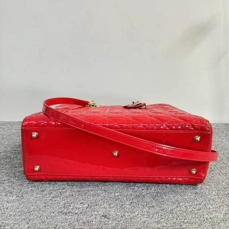 Preloved Dior Lady Dior Cannage Two-Way Bag Red Patent Leather