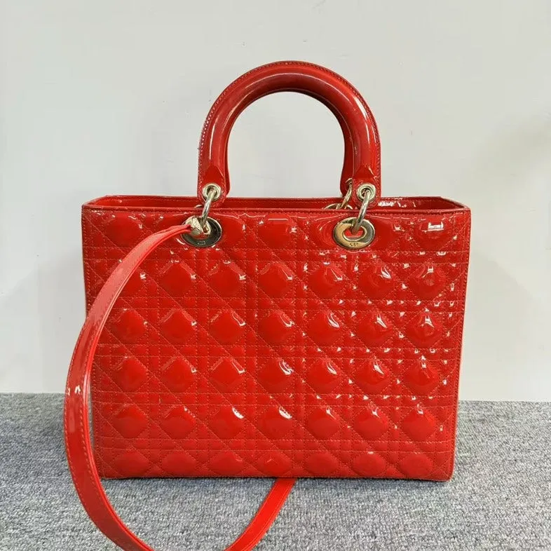 Preloved Dior Lady Dior Cannage Two-Way Bag Red Patent Leather