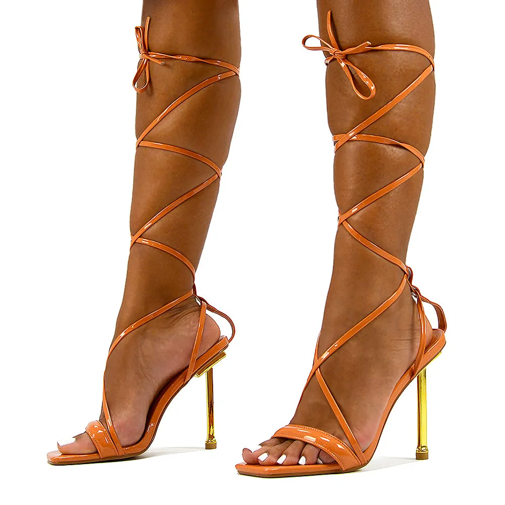 Rayne Lace Up Strappy Square Toe Metallic Stiletto High Heel Sandals in Black Patent