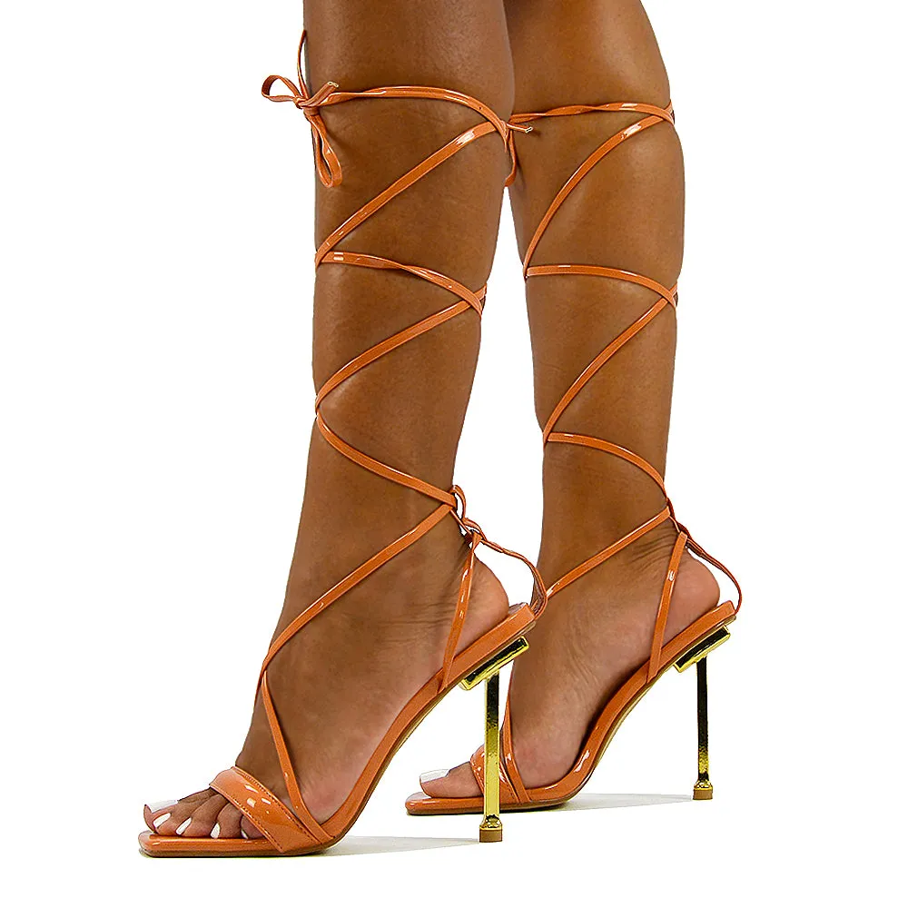 Rayne Lace Up Strappy Square Toe Metallic Stiletto High Heel Sandals in Black Patent