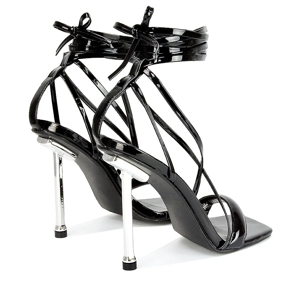 Rayne Lace Up Strappy Square Toe Metallic Stiletto High Heel Sandals in Black Patent