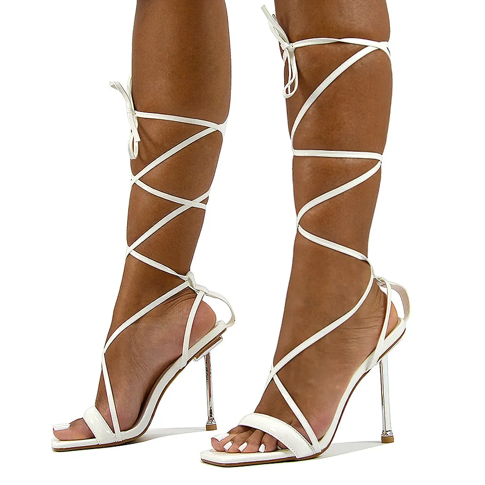 Rayne Lace Up Strappy Square Toe Metallic Stiletto High Heel Sandals in Black Patent