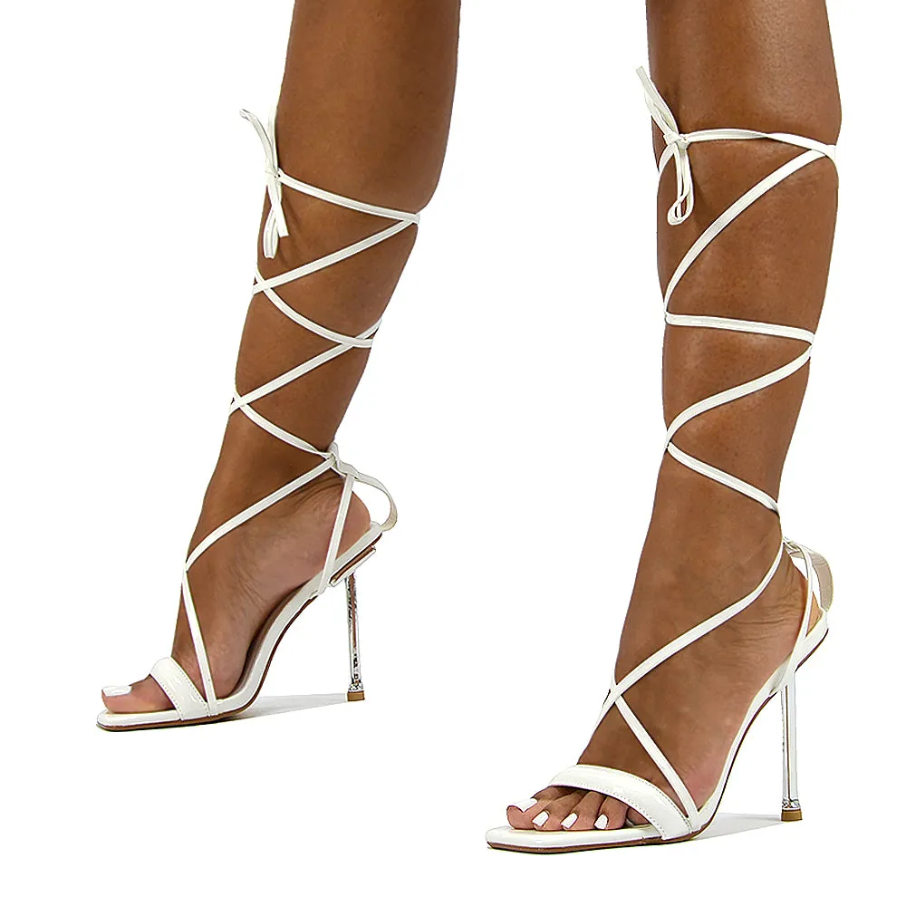 Rayne Lace Up Strappy Square Toe Metallic Stiletto High Heel Sandals in Black Patent