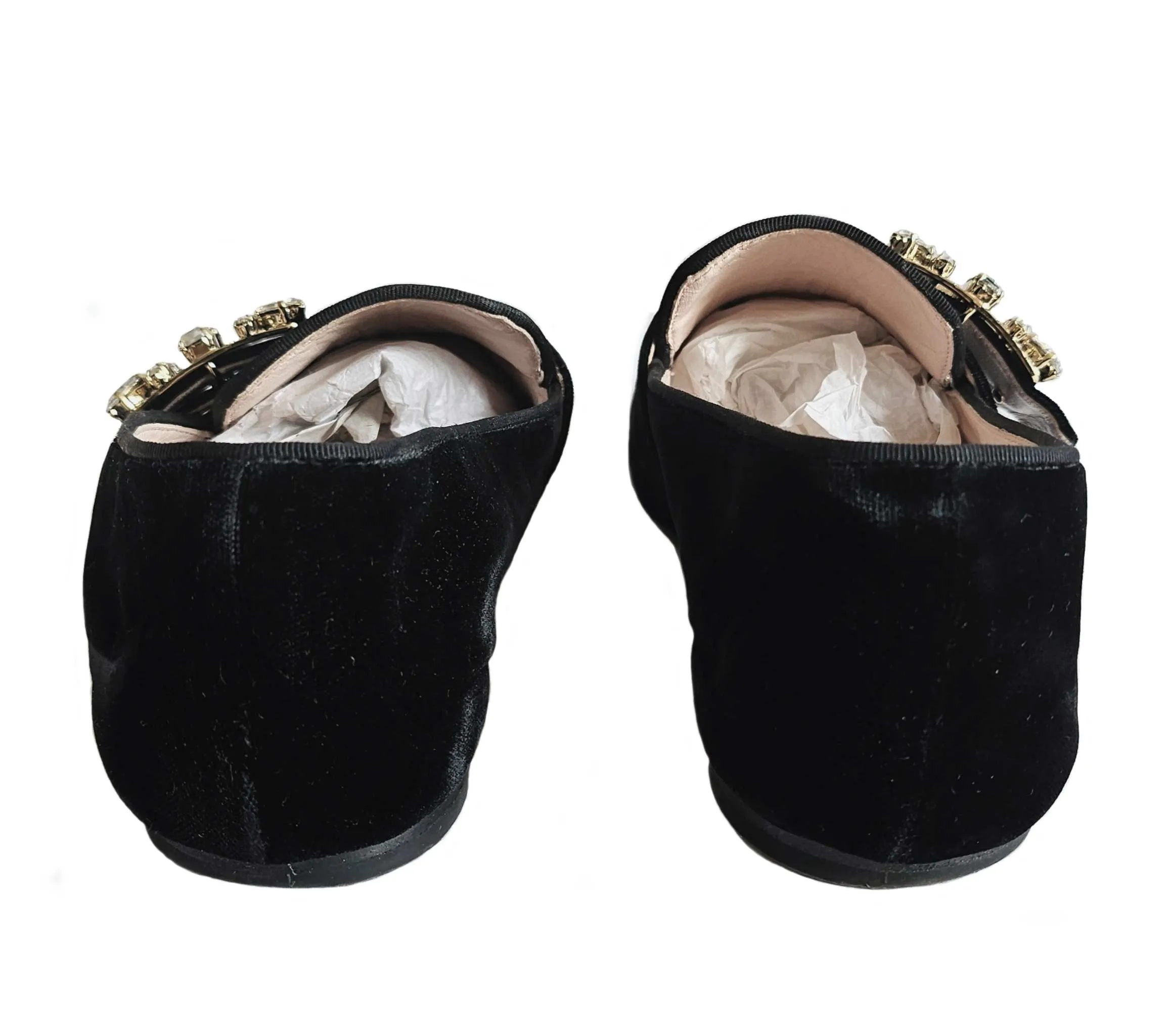 ROGER VIVIER BLACK CRYSTAL MINI BROCHE VELVET LOAFERS SHOES (38)