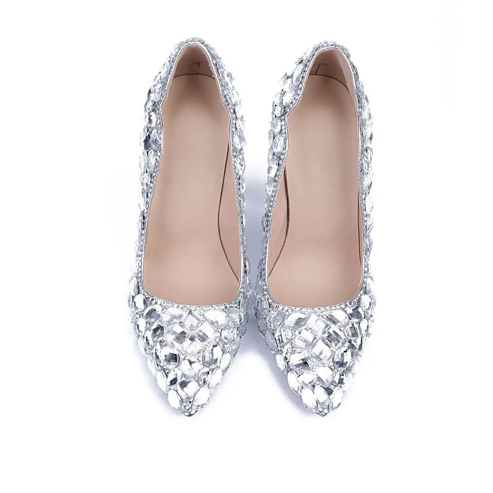 Silver Wedding Ankle Stiletto Heel Microfiber Pumps