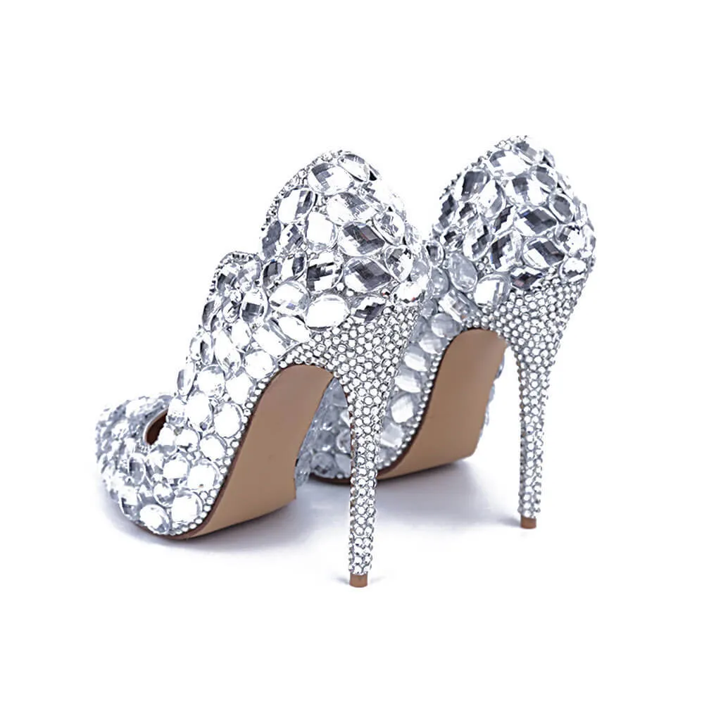 Silver Wedding Ankle Stiletto Heel Microfiber Pumps