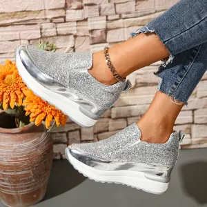 Sohiwoo Silver Sequins Wedge Sneakers Women Fashion Slip On Thick Bottom Vulcanized Shoes Woman New Height Increasing Casual Shoes 42