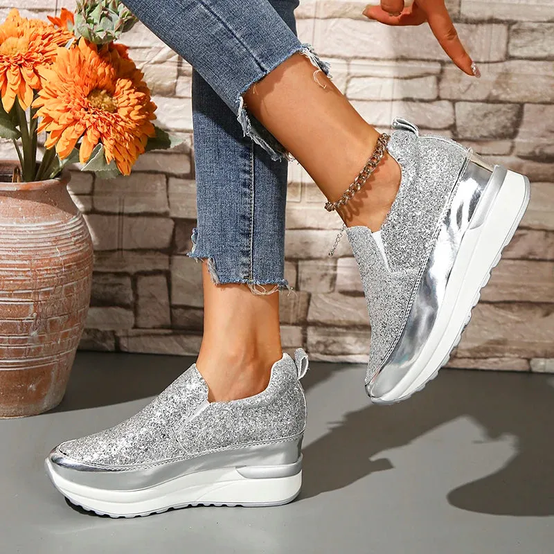 Sohiwoo Silver Sequins Wedge Sneakers Women Fashion Slip On Thick Bottom Vulcanized Shoes Woman New Height Increasing Casual Shoes 42