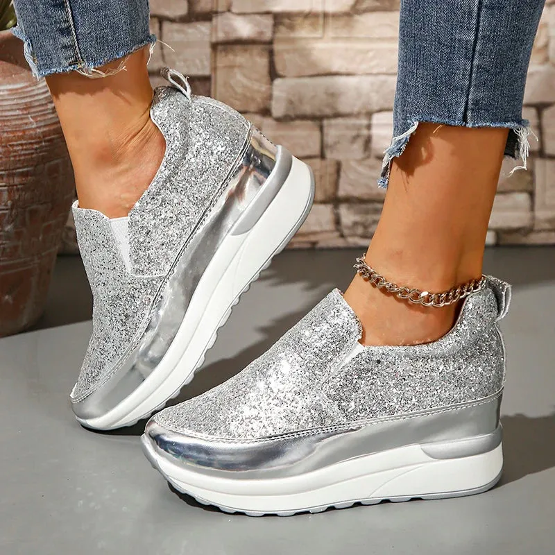 Sohiwoo Silver Sequins Wedge Sneakers Women Fashion Slip On Thick Bottom Vulcanized Shoes Woman New Height Increasing Casual Shoes 42