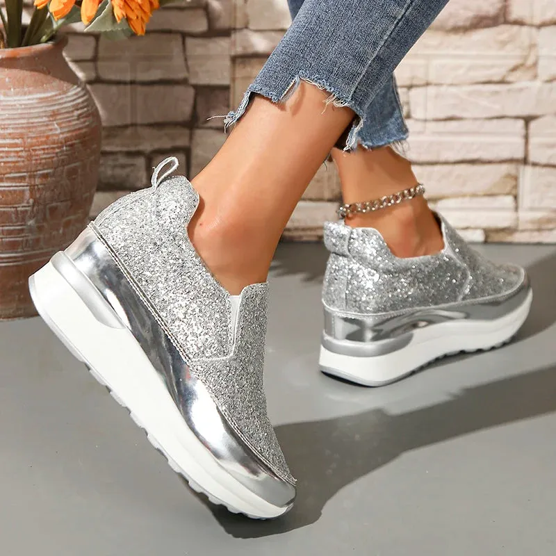 Sohiwoo Silver Sequins Wedge Sneakers Women Fashion Slip On Thick Bottom Vulcanized Shoes Woman New Height Increasing Casual Shoes 42