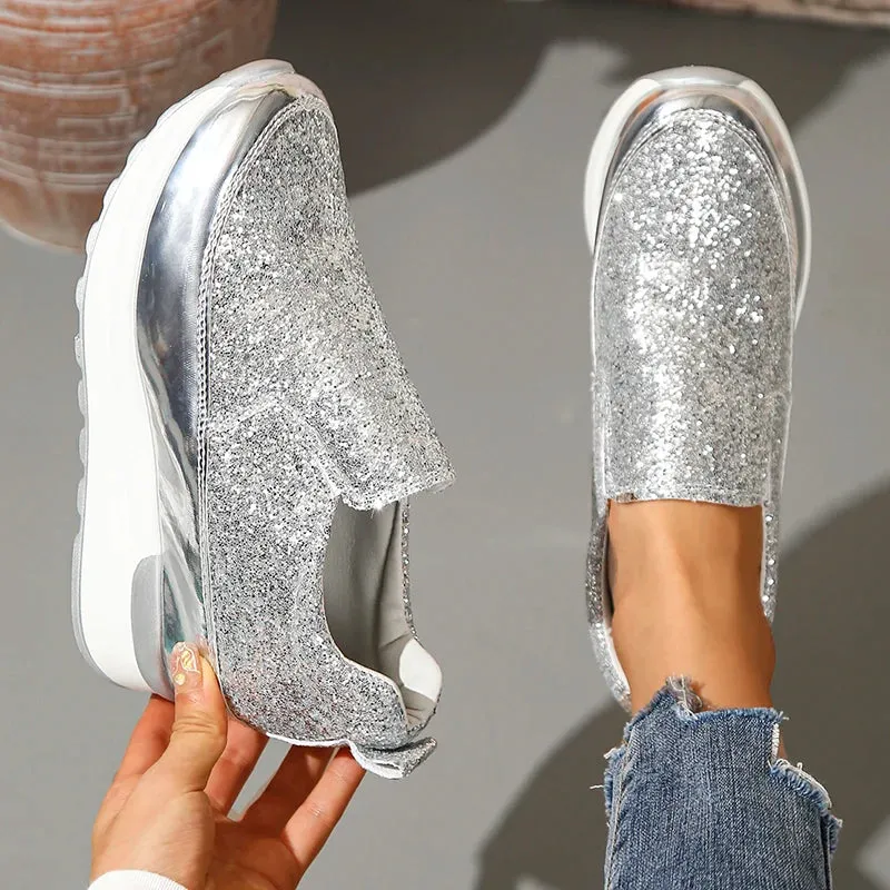 Sohiwoo Silver Sequins Wedge Sneakers Women Fashion Slip On Thick Bottom Vulcanized Shoes Woman New Height Increasing Casual Shoes 42