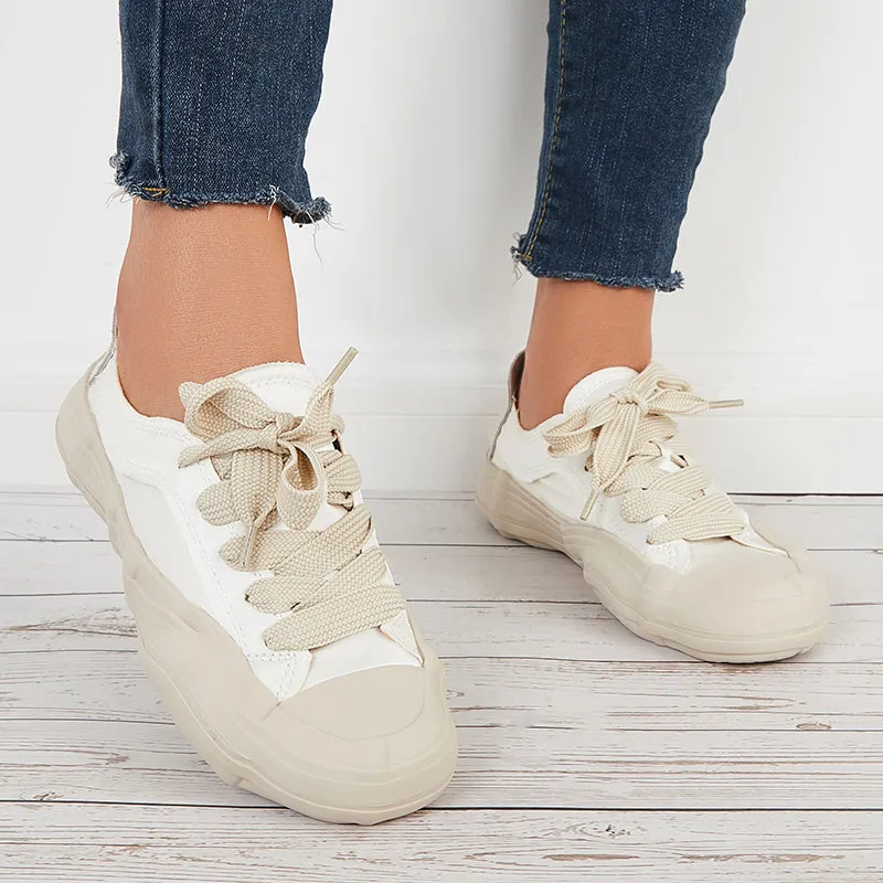Sohiwoo  Women Casual Canvas Sneakers Lace Up Thick Sole Dissolving Shoes
