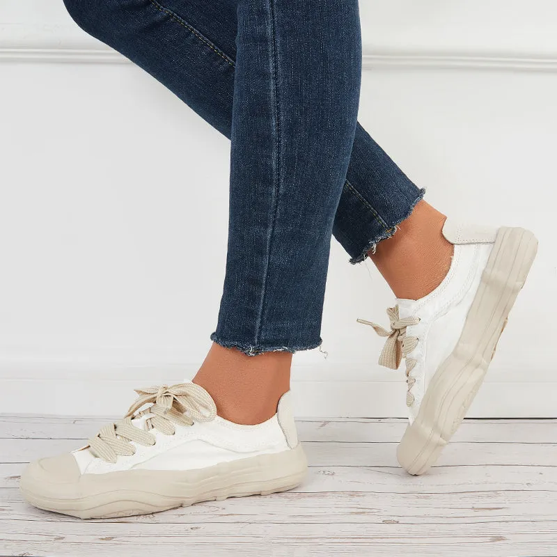 Sohiwoo  Women Casual Canvas Sneakers Lace Up Thick Sole Dissolving Shoes