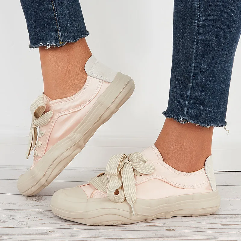 Sohiwoo  Women Casual Canvas Sneakers Lace Up Thick Sole Dissolving Shoes