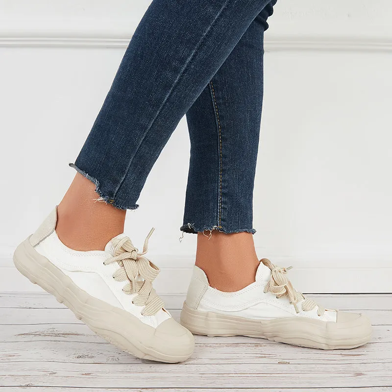 Sohiwoo  Women Casual Canvas Sneakers Lace Up Thick Sole Dissolving Shoes