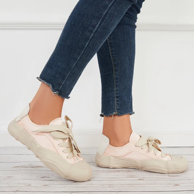 Sohiwoo  Women Casual Canvas Sneakers Lace Up Thick Sole Dissolving Shoes