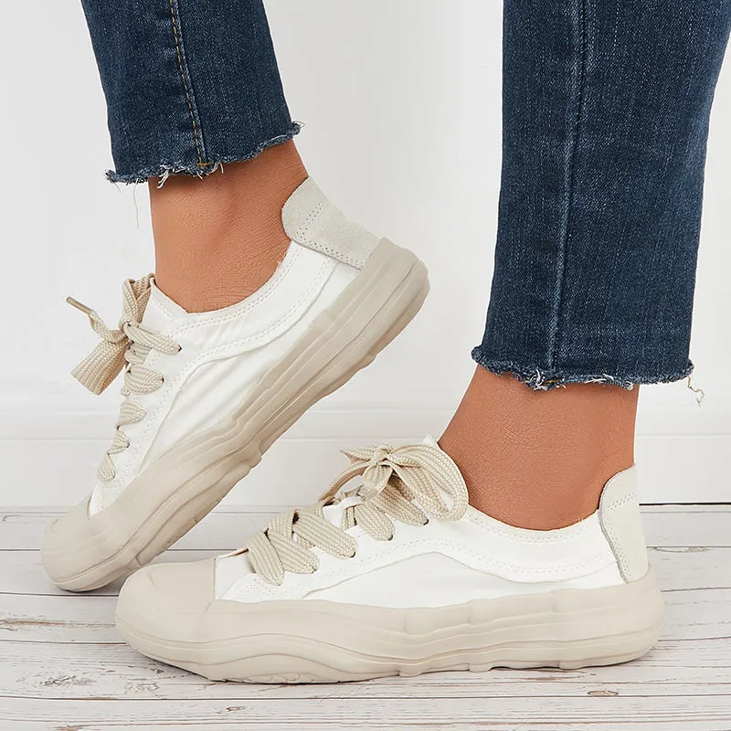 Sohiwoo  Women Casual Canvas Sneakers Lace Up Thick Sole Dissolving Shoes
