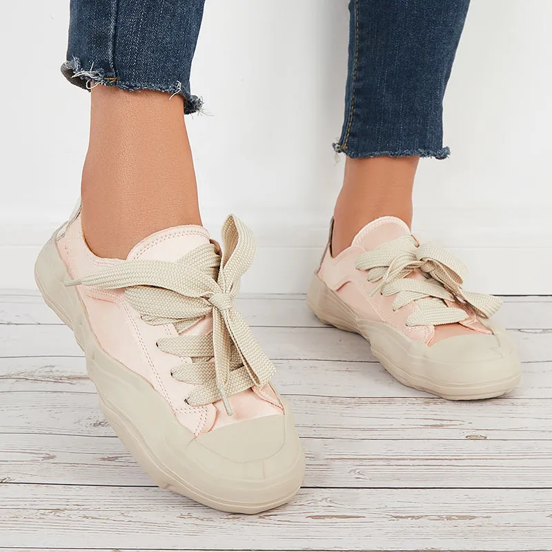 Sohiwoo  Women Casual Canvas Sneakers Lace Up Thick Sole Dissolving Shoes