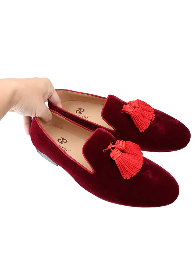Summer new style burgundy imported velvet tassel men's shoes wedding party nine-point pants perfect match slip-on loafers
