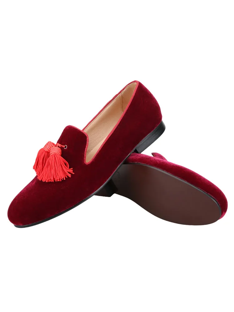Summer new style burgundy imported velvet tassel men's shoes wedding party nine-point pants perfect match slip-on loafers