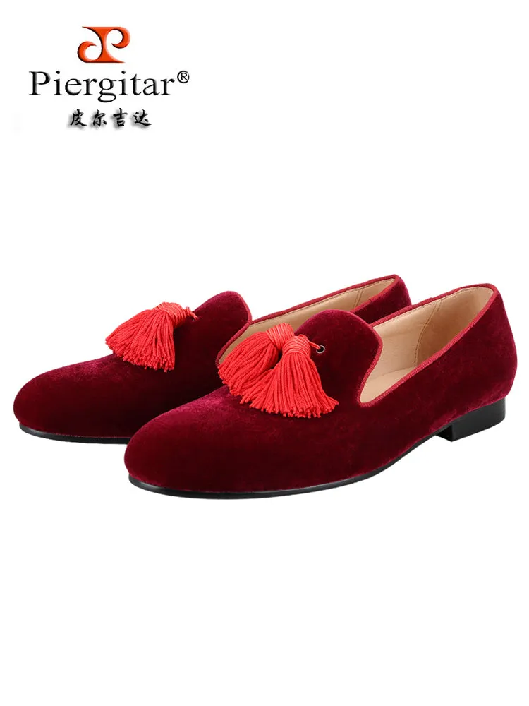 Summer new style burgundy imported velvet tassel men's shoes wedding party nine-point pants perfect match slip-on loafers