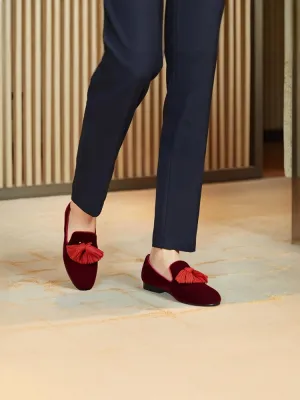 Summer new style burgundy imported velvet tassel men's shoes wedding party nine-point pants perfect match slip-on loafers