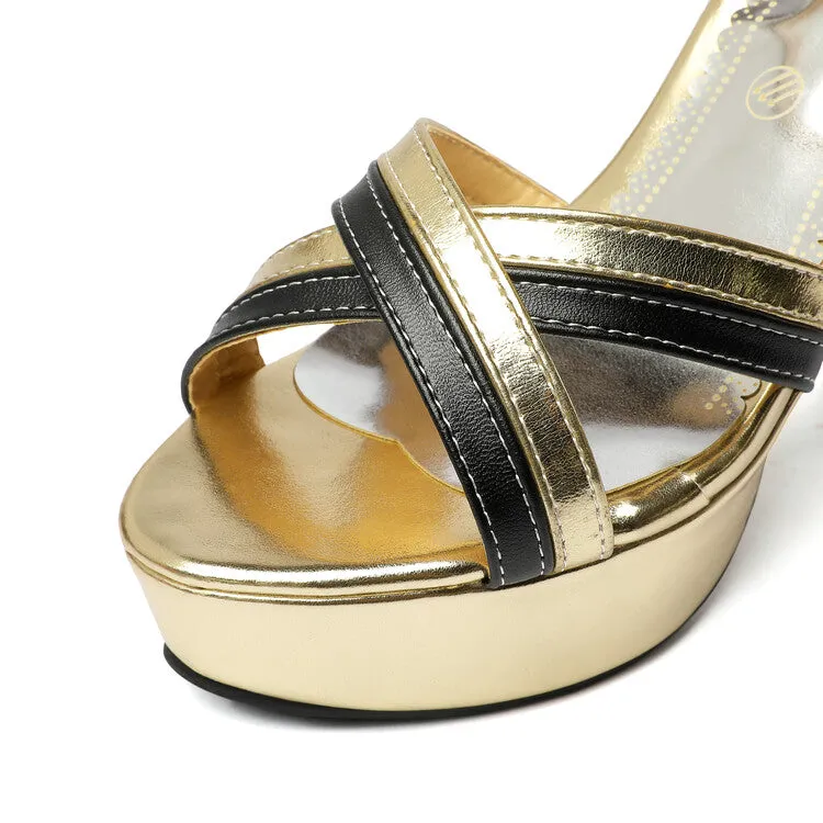 Women's Cross Strap Color Block Platform Chunky Heel Sandals