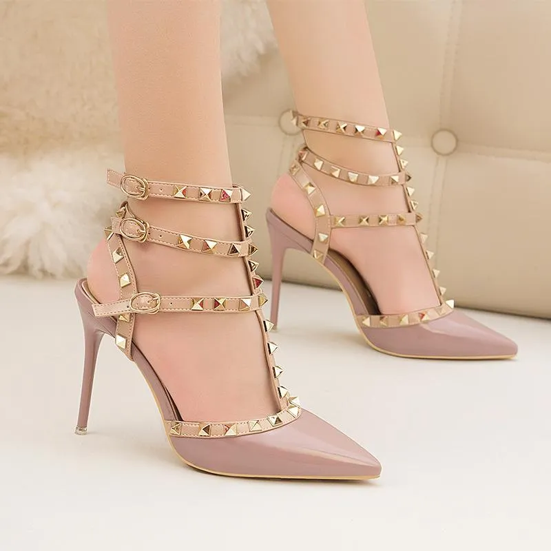 Womens Fashion Pointed Toe Stiletto Heel Ankle Strap Sandals Party Bridal Shoes With Rivets