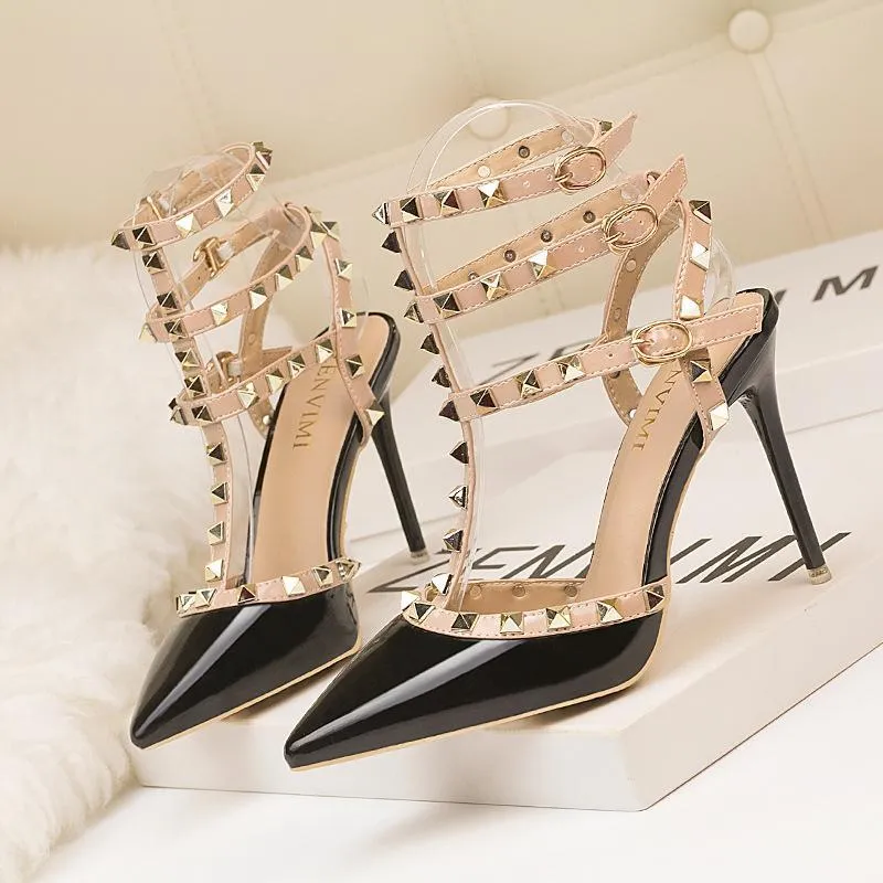 Womens Fashion Pointed Toe Stiletto Heel Ankle Strap Sandals Party Bridal Shoes With Rivets