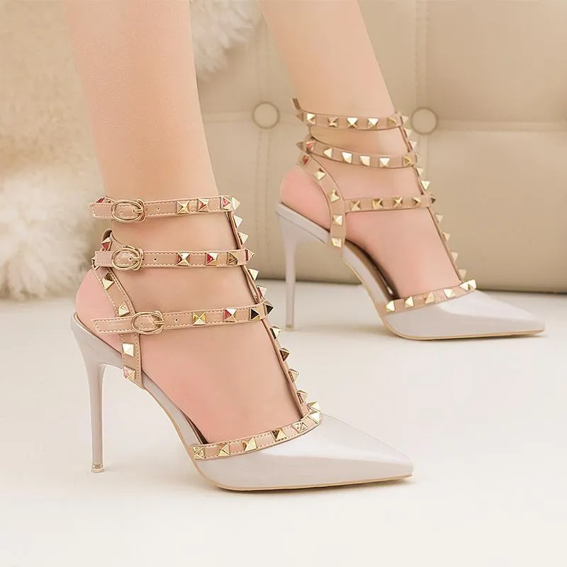 Womens Fashion Pointed Toe Stiletto Heel Ankle Strap Sandals Party Bridal Shoes With Rivets