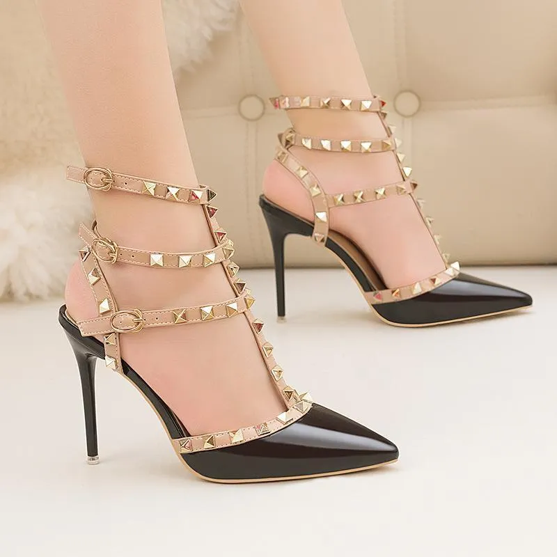 Womens Fashion Pointed Toe Stiletto Heel Ankle Strap Sandals Party Bridal Shoes With Rivets