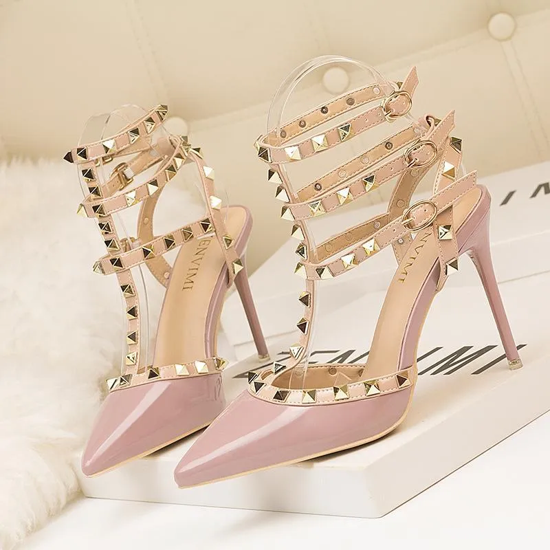 Womens Fashion Pointed Toe Stiletto Heel Ankle Strap Sandals Party Bridal Shoes With Rivets