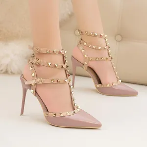 Womens Fashion Pointed Toe Stiletto Heel Ankle Strap Sandals Party Bridal Shoes With Rivets
