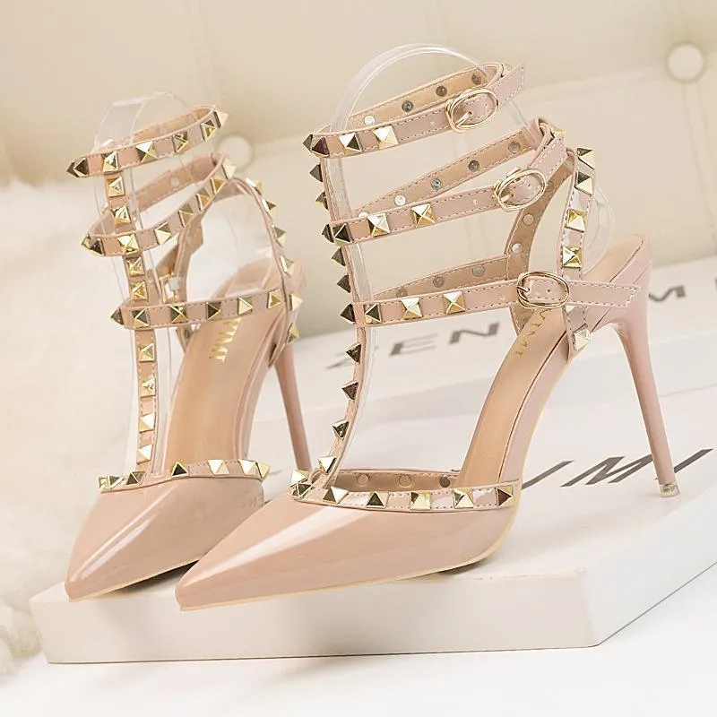 Womens Fashion Pointed Toe Stiletto Heel Ankle Strap Sandals Party Bridal Shoes With Rivets