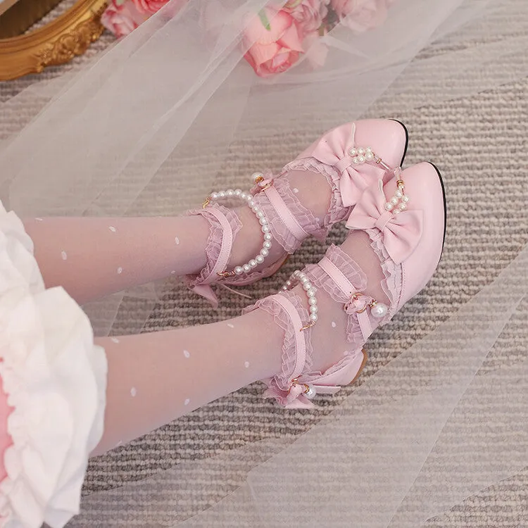 Women's Lace Pearls Bow Tie Ankle Strap Block Heel Sandals