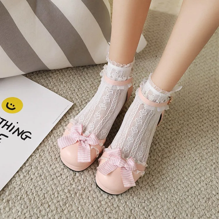 Women's Lolita Closed Toe Lace Butterfly Knot Ankle Strap Block Heel Sandals