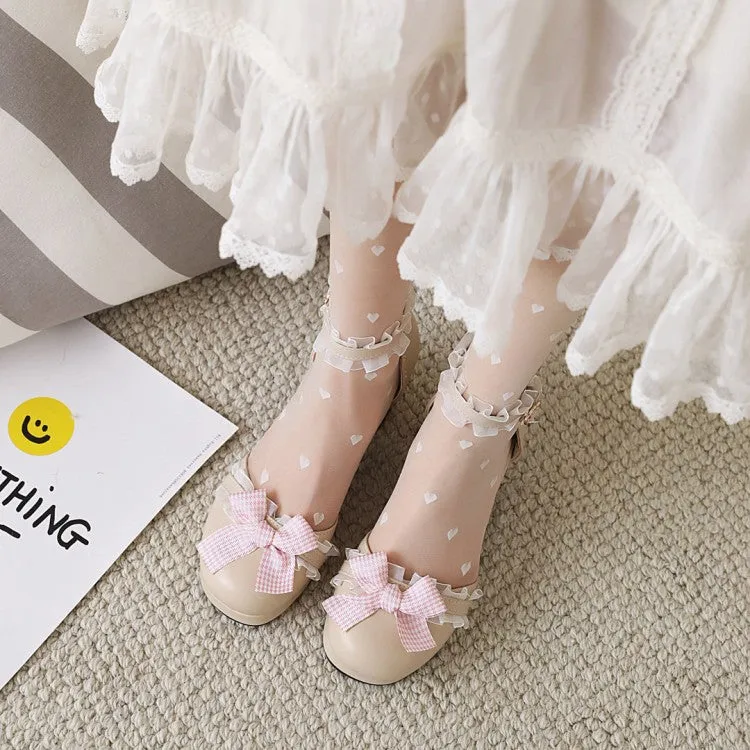 Women's Lolita Closed Toe Lace Butterfly Knot Ankle Strap Block Heel Sandals