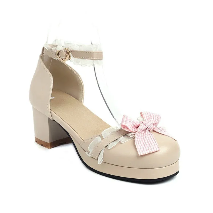 Women's Lolita Closed Toe Lace Butterfly Knot Ankle Strap Block Heel Sandals