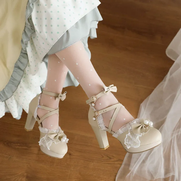Women's Lolita Pearls Lace Butterfly Knot Chunky Heel Platform Sandals