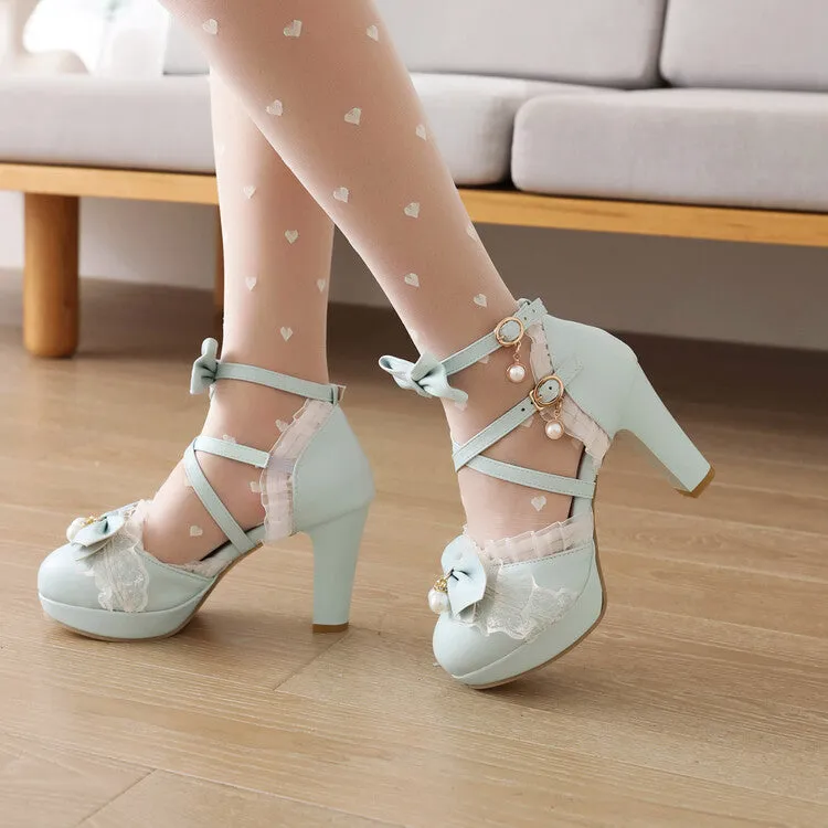 Women's Lolita Pearls Lace Butterfly Knot Chunky Heel Platform Sandals
