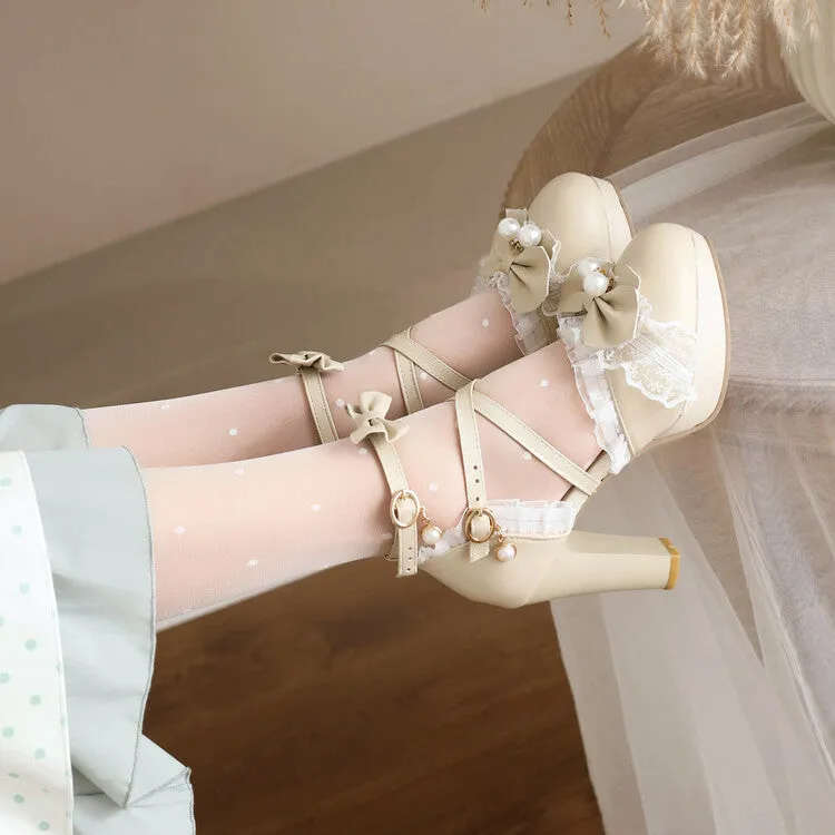 Women's Lolita Pearls Lace Butterfly Knot Chunky Heel Platform Sandals
