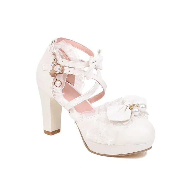 Women's Lolita Pearls Lace Butterfly Knot Chunky Heel Platform Sandals