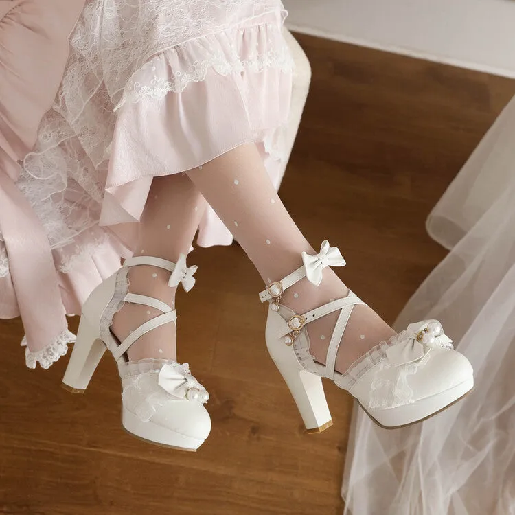 Women's Lolita Pearls Lace Butterfly Knot Chunky Heel Platform Sandals