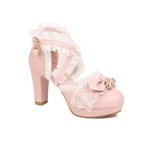Women's Lolita Round Toe Lace Butterfly Knot Chunky Heel Platform Sandals