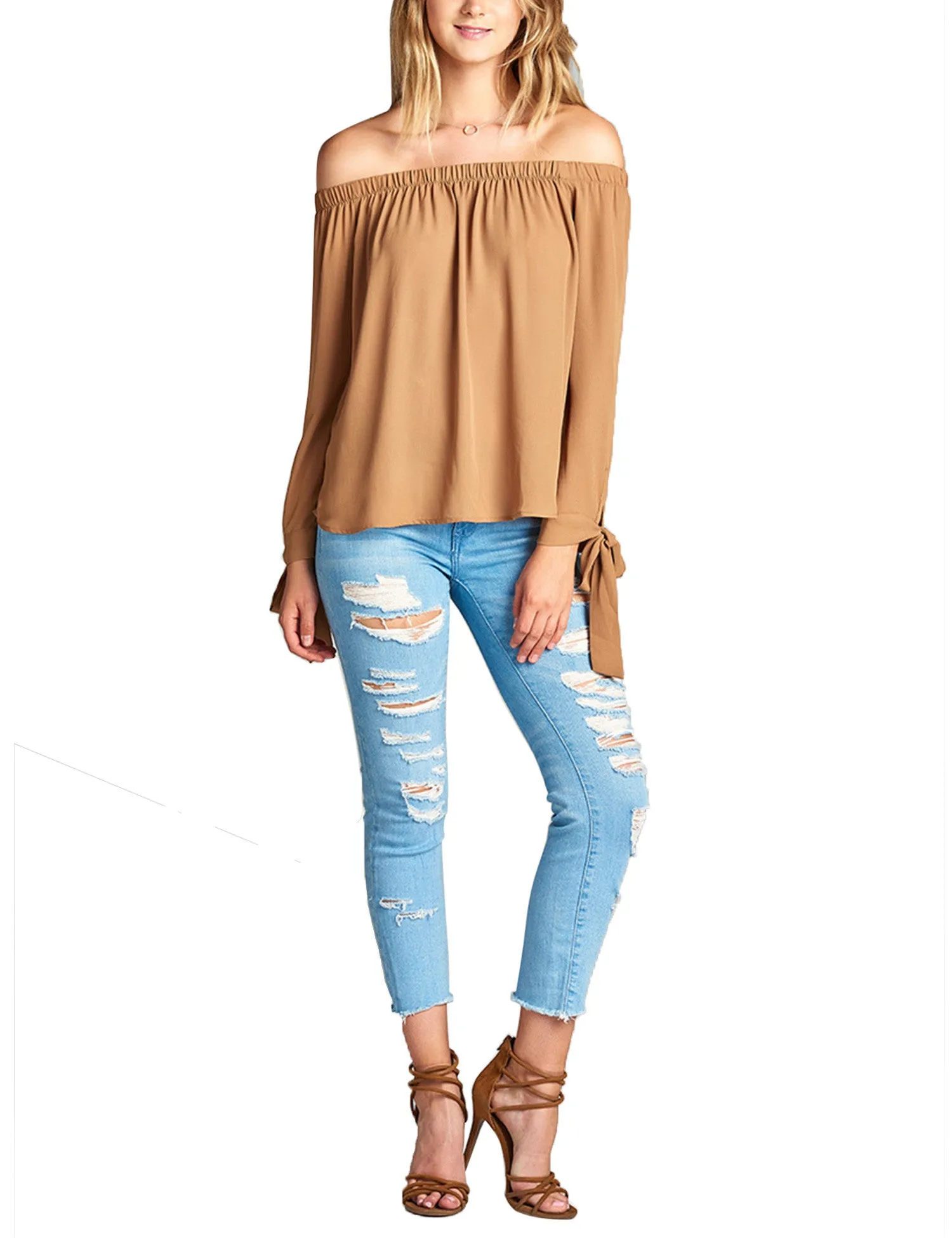 Womens Long Sleeve Tie Detail off the Shoulder Wool Dobby Top