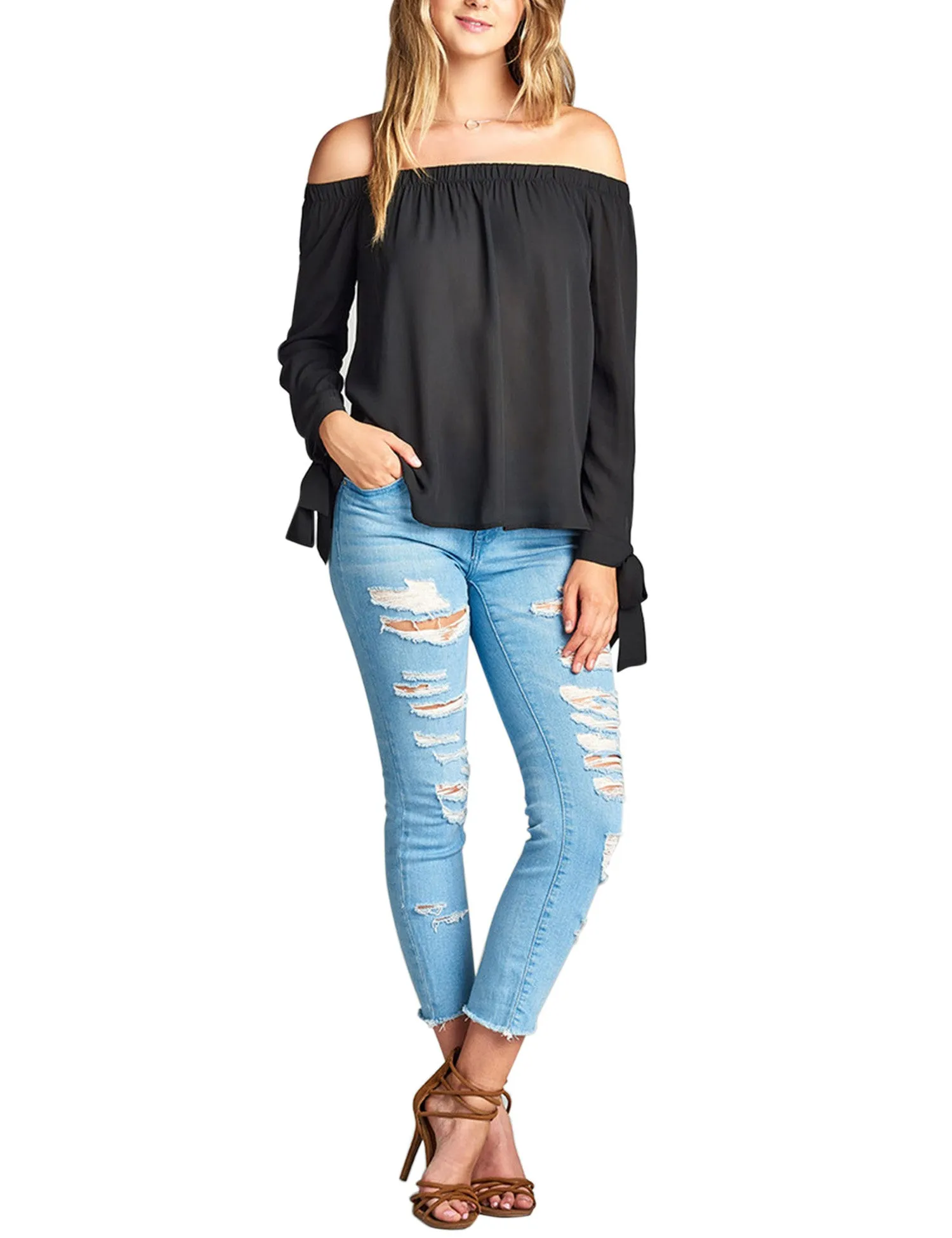 Womens Long Sleeve Tie Detail off the Shoulder Wool Dobby Top