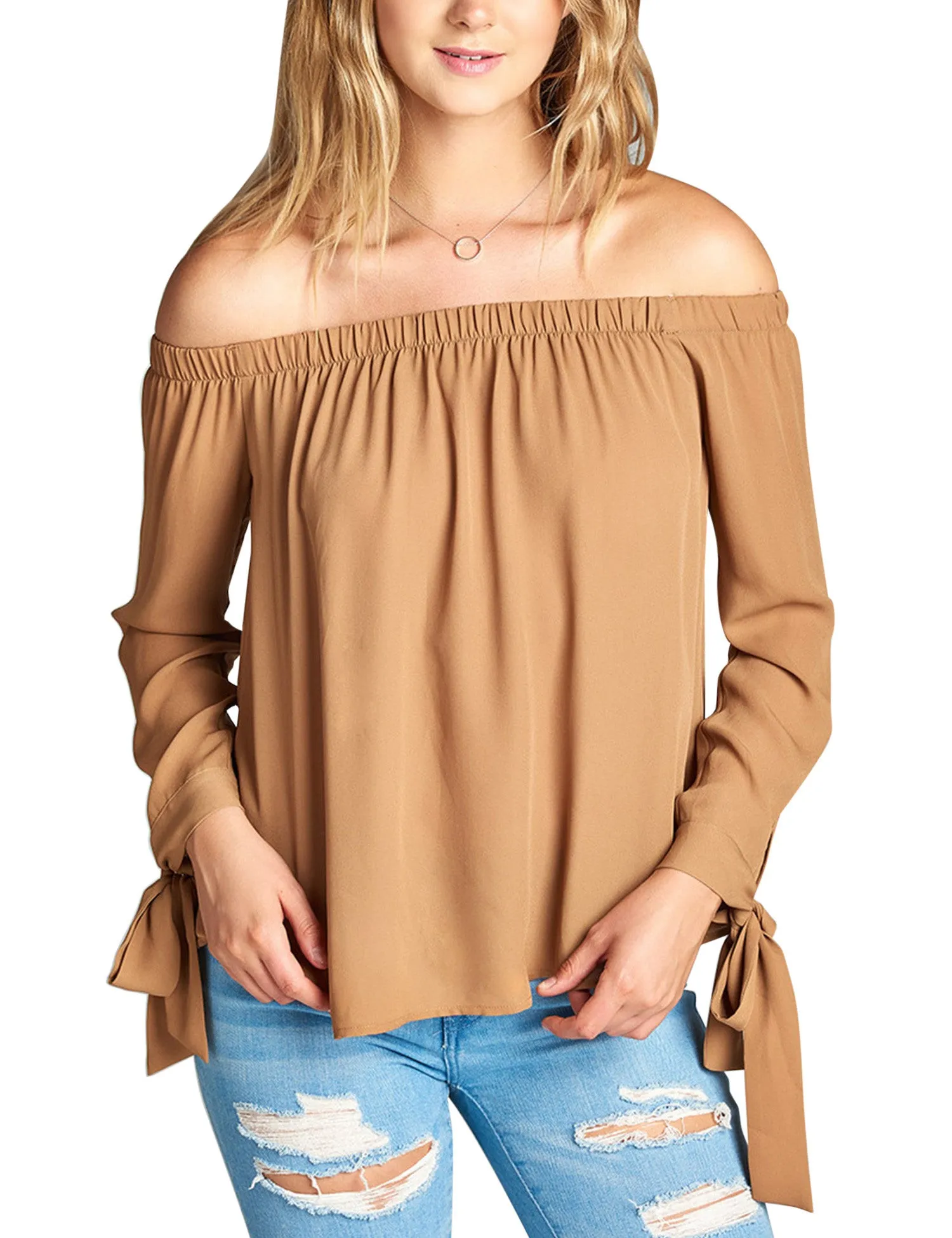 Womens Long Sleeve Tie Detail off the Shoulder Wool Dobby Top
