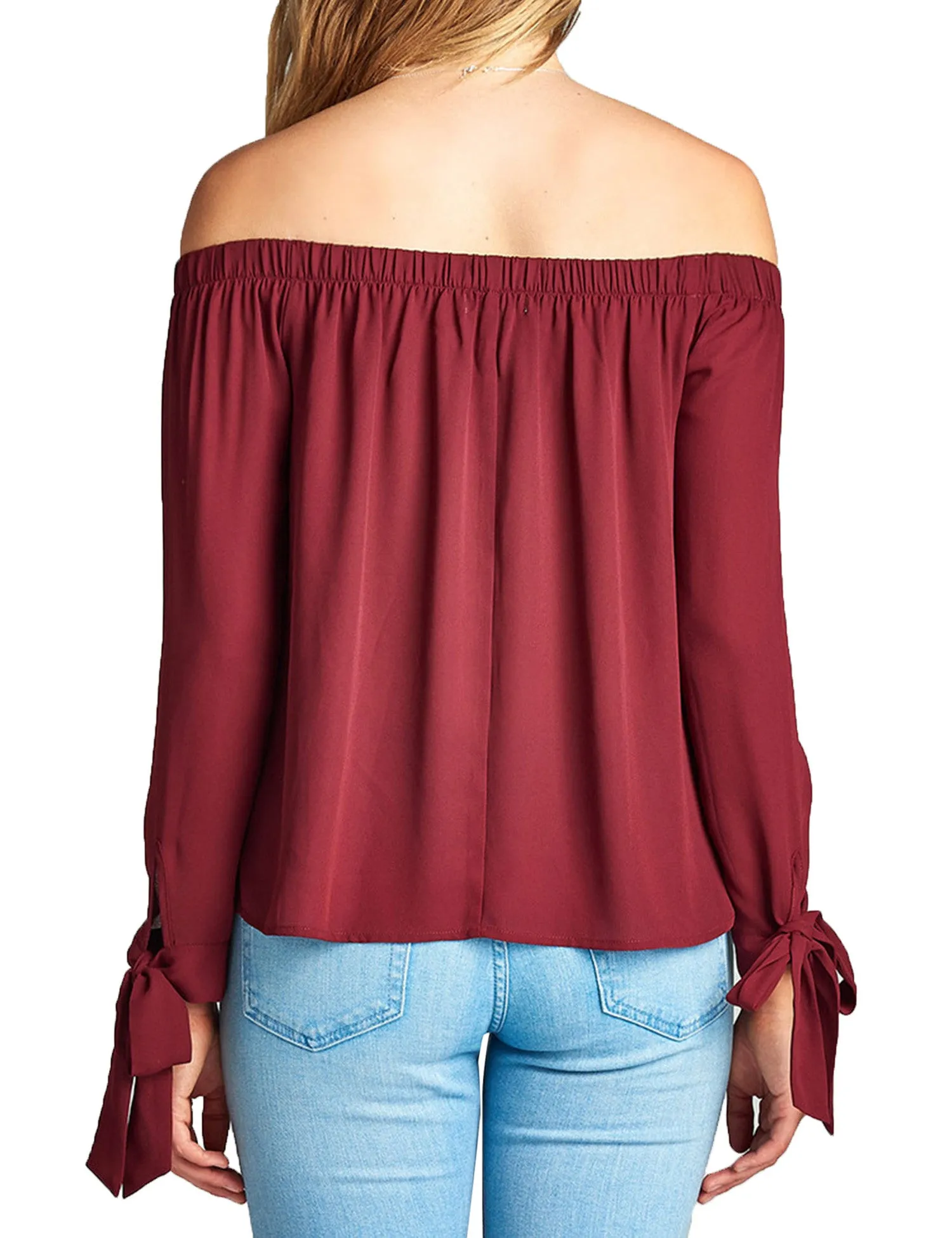 Womens Long Sleeve Tie Detail off the Shoulder Wool Dobby Top